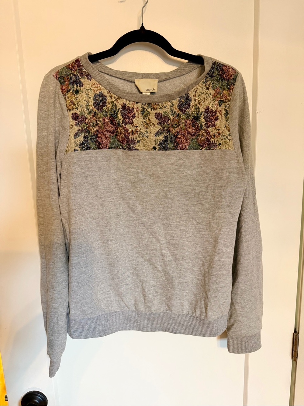 Anthropologie Grey Sweater with Floral Embroidery